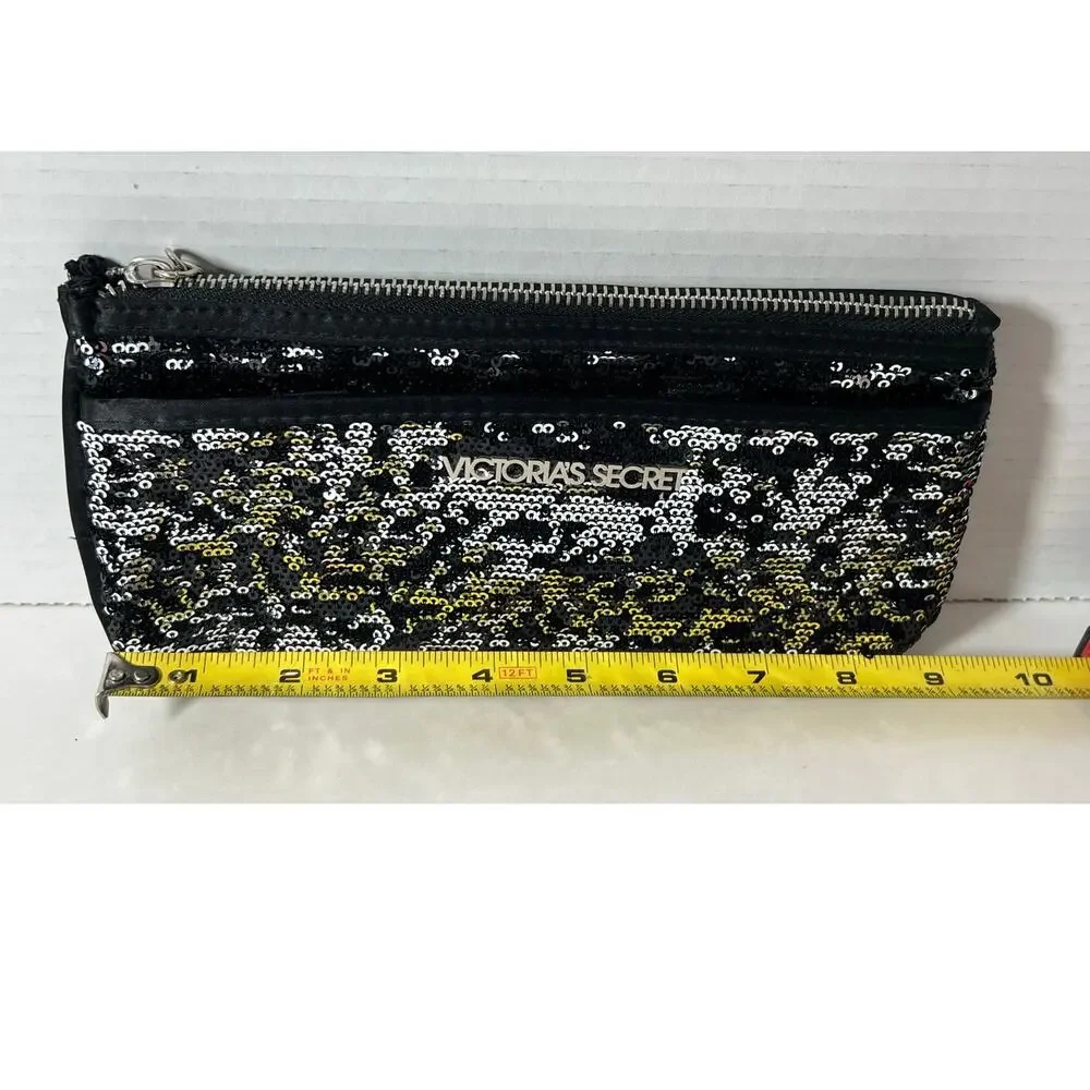 Victoria's Secret Black Sequins Elegant Clutch Purse Makeup Bag Zipper Pouch